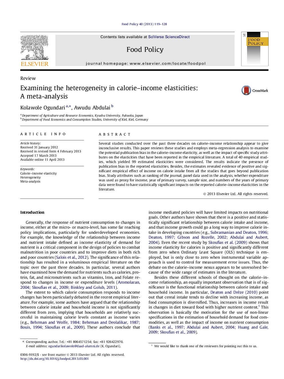 Examining the heterogeneity in calorie-income elasticities: A meta-analysis