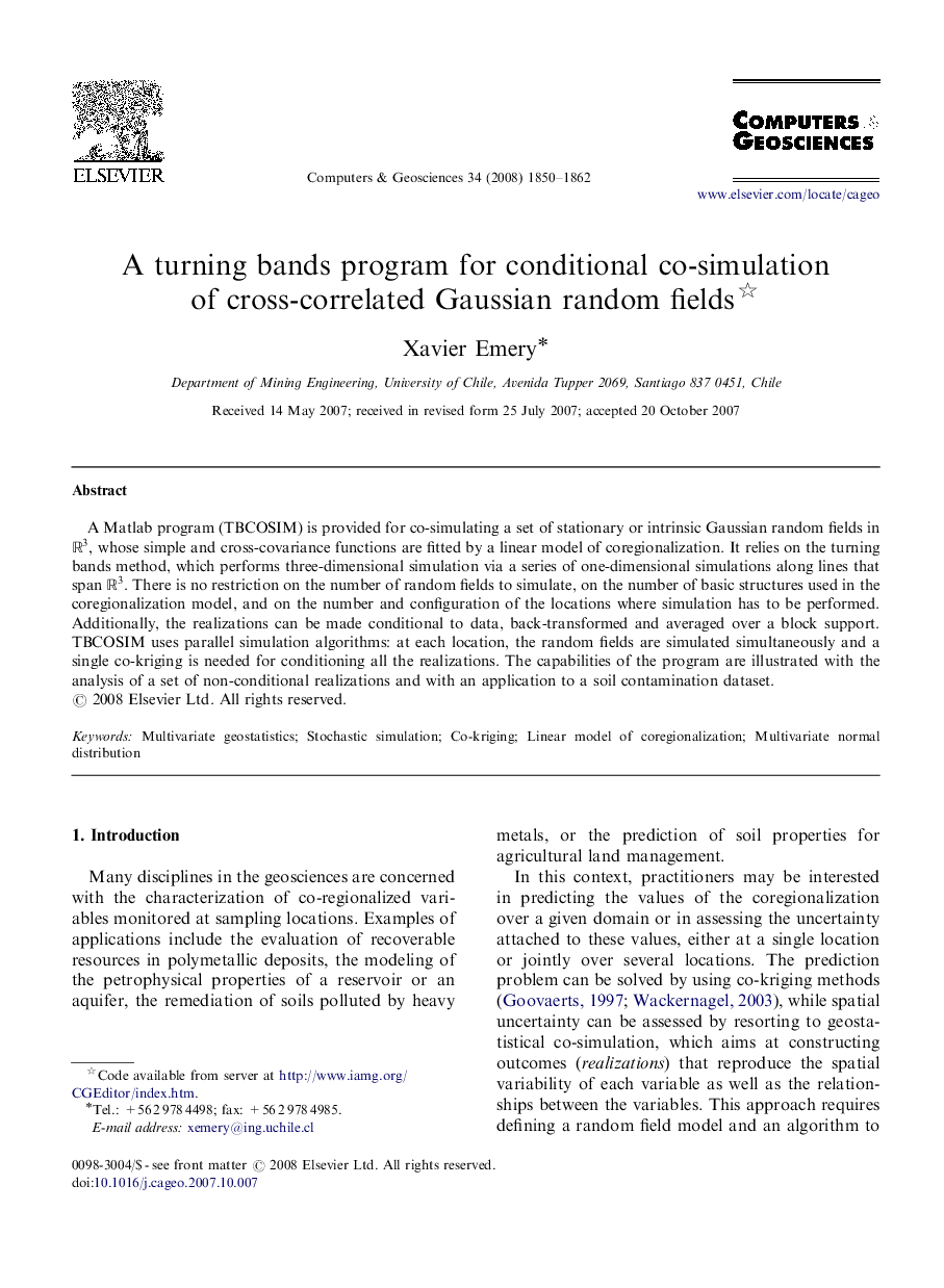 A turning bands program for conditional co-simulation of cross-correlated Gaussian random fields 