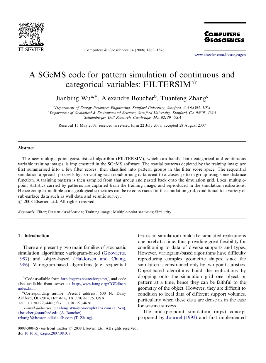 A SGeMS code for pattern simulation of continuous and categorical variables: FILTERSIM 