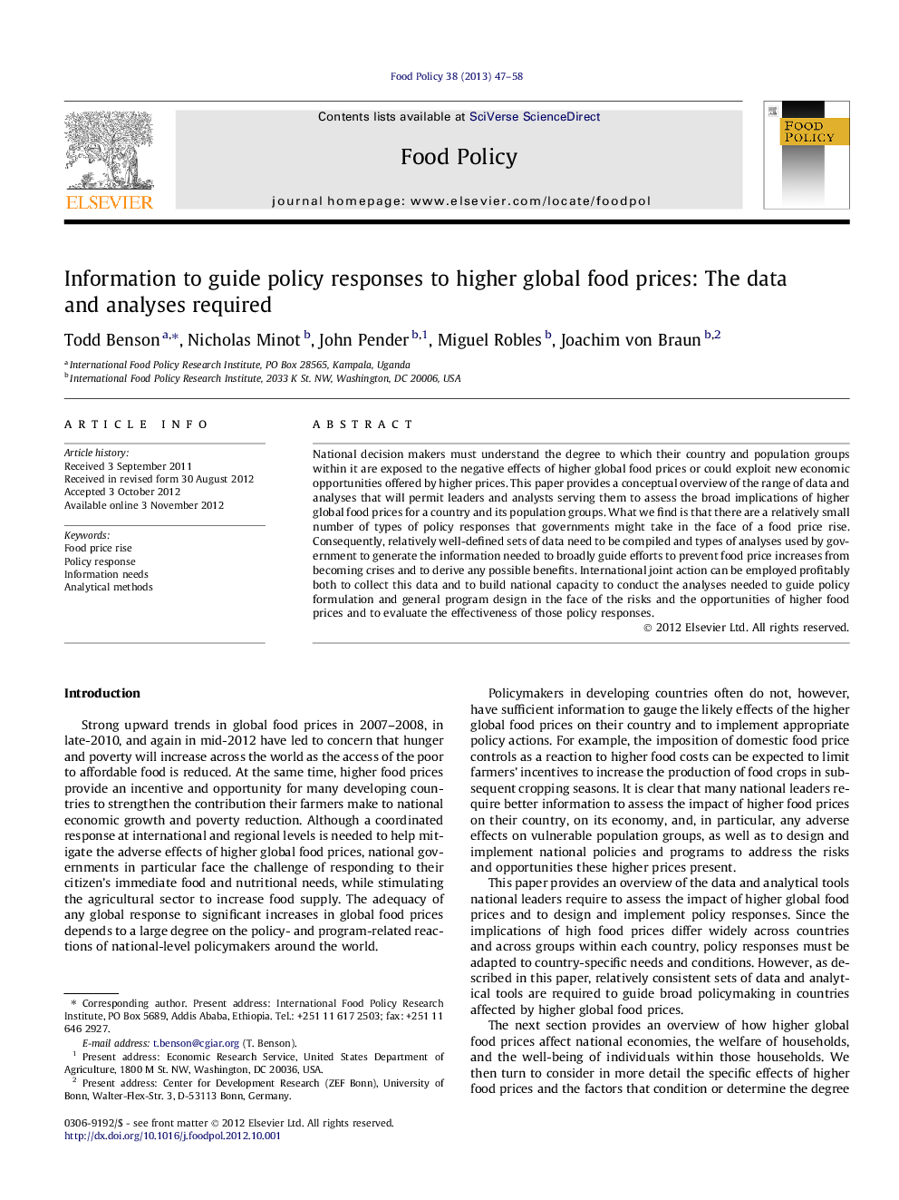 Information to guide policy responses to higher global food prices: The data and analyses required