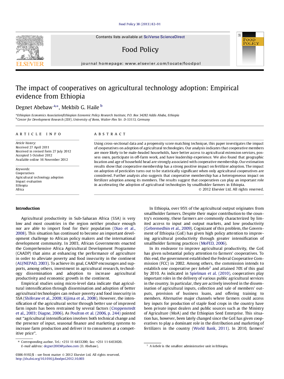 The impact of cooperatives on agricultural technology adoption: Empirical evidence from Ethiopia