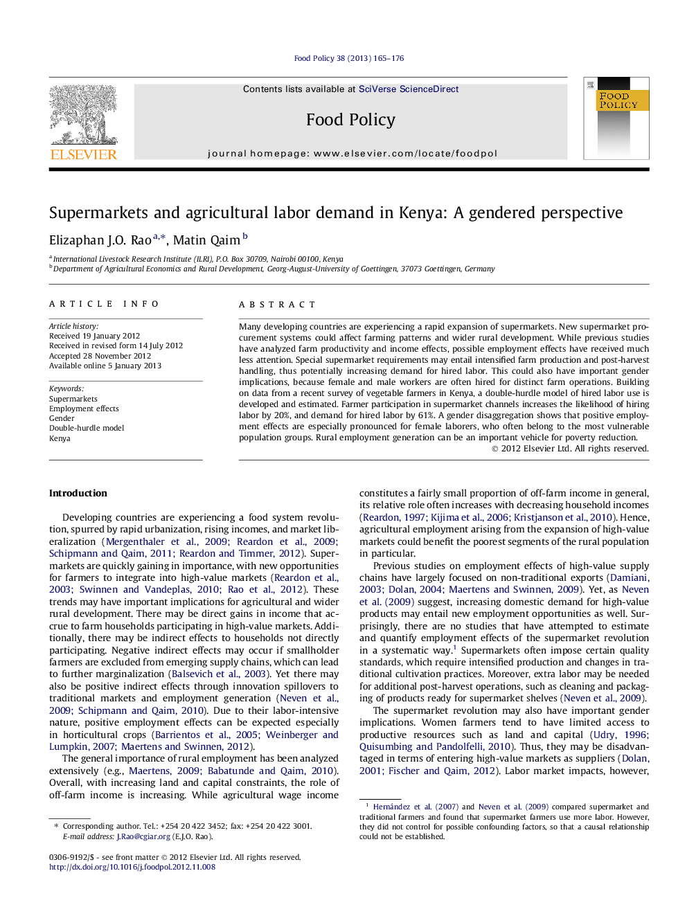 Supermarkets and agricultural labor demand in Kenya: A gendered perspective