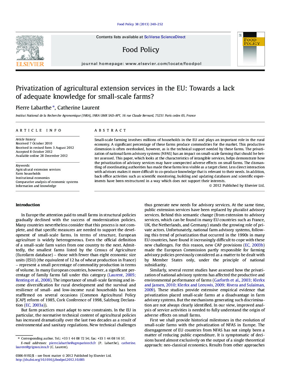 Privatization of agricultural extension services in the EU: Towards a lack of adequate knowledge for small-scale farms?