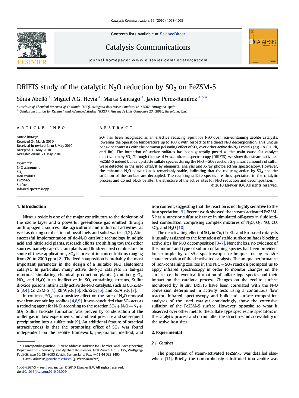 DRIFTS study of the catalytic N2O reduction by SO2 on FeZSM-5