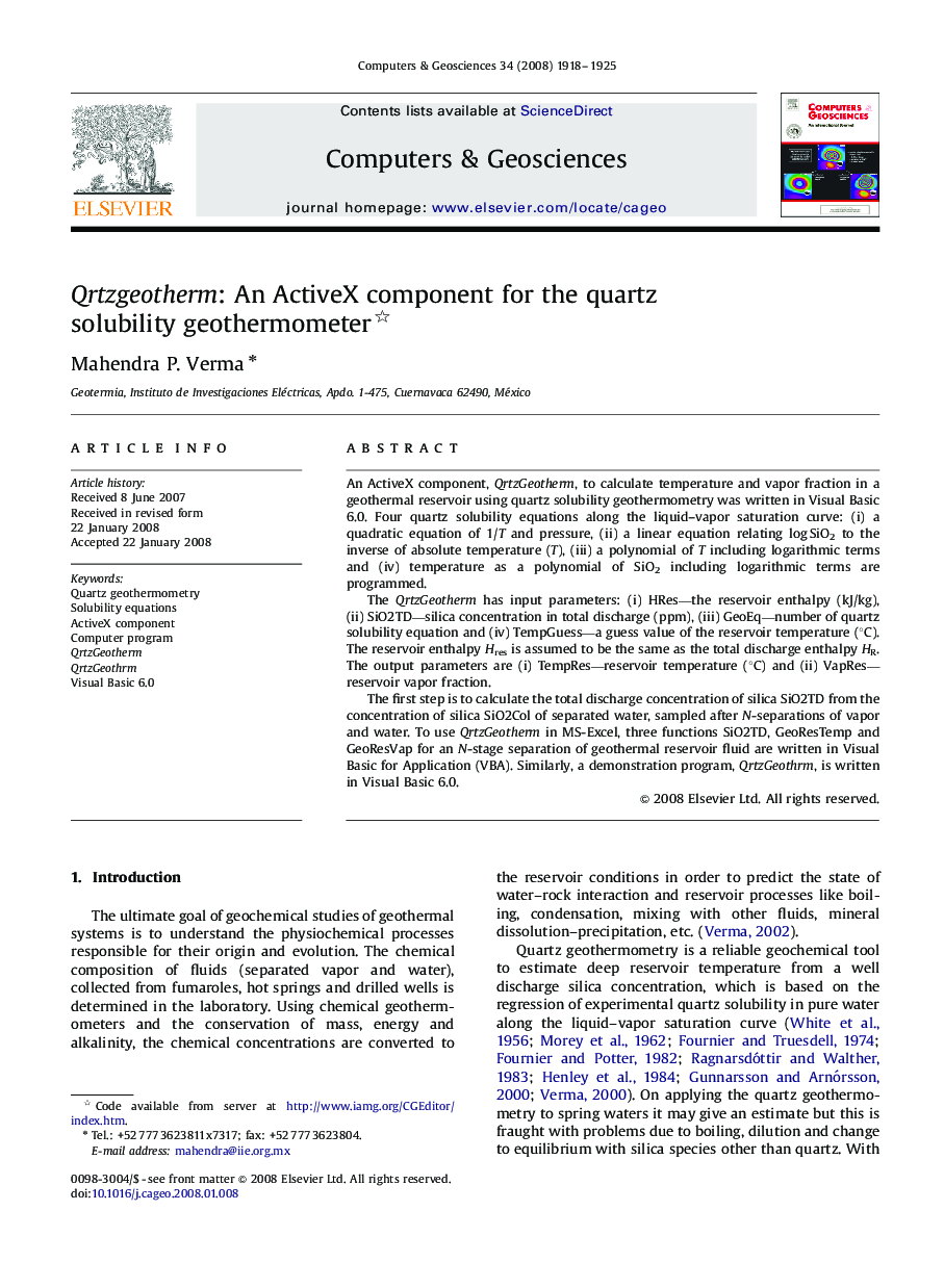 Qrtzgeotherm: An ActiveX component for the quartz solubility geothermometer 