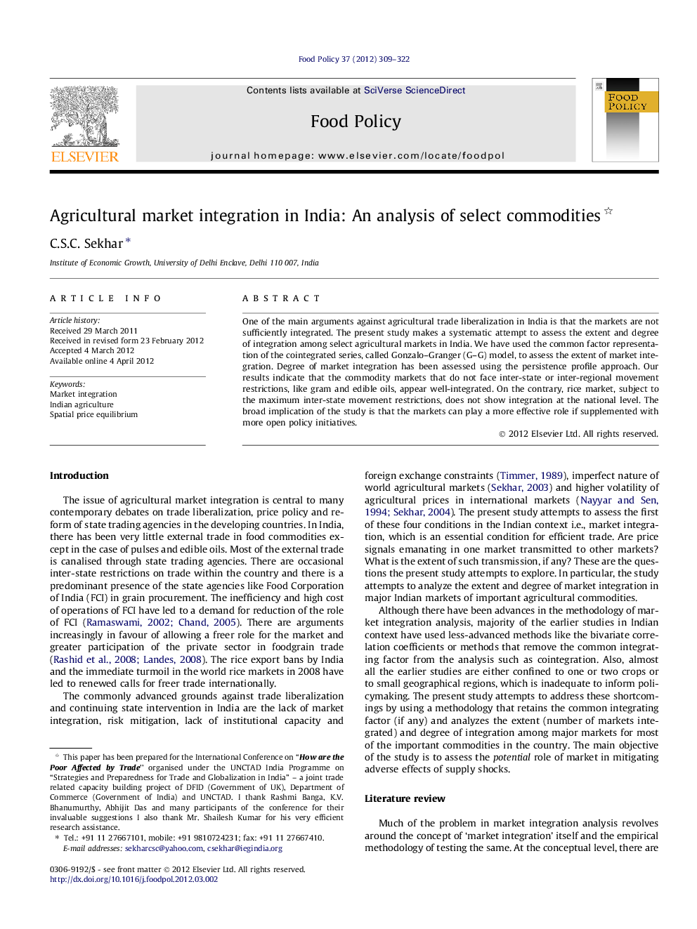 Agricultural market integration in India: An analysis of select commodities