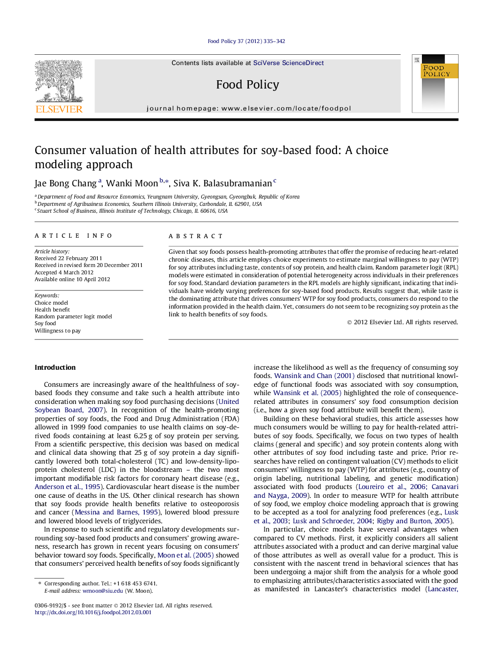 Consumer valuation of health attributes for soy-based food: A choice modeling approach