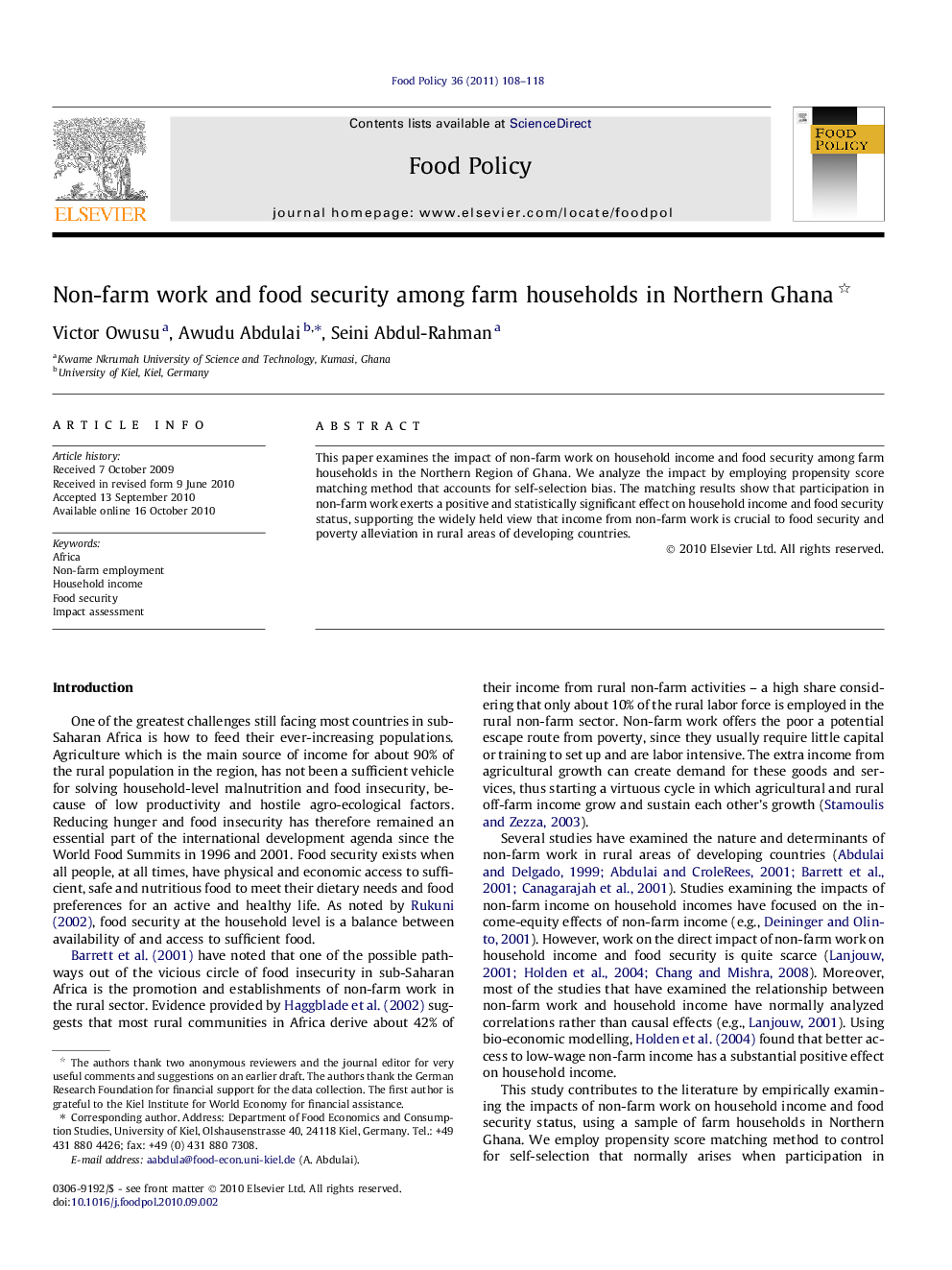 Non-farm work and food security among farm households in Northern Ghana