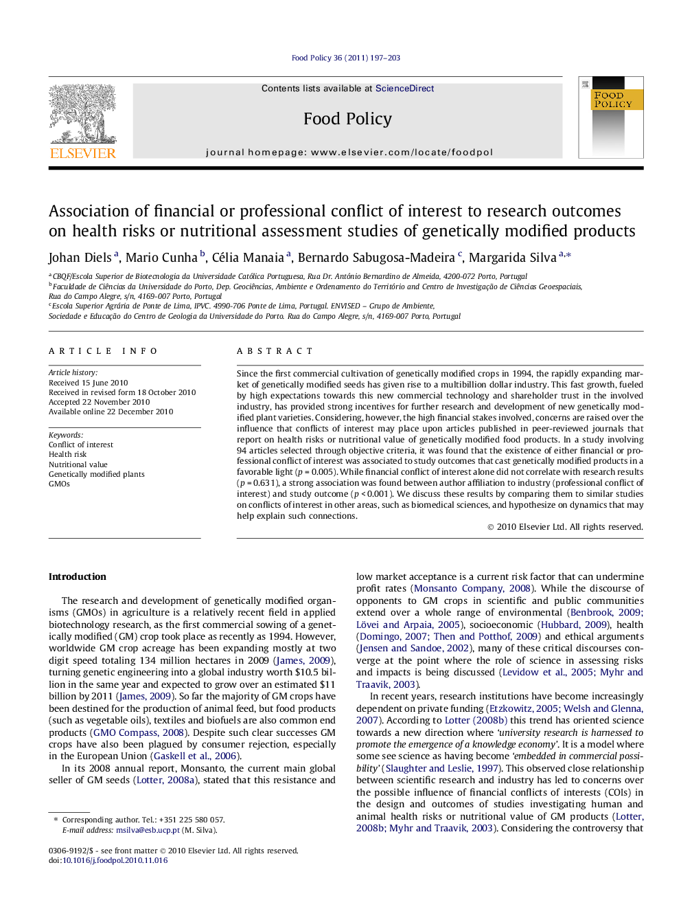 Association of financial or professional conflict of interest to research outcomes on health risks or nutritional assessment studies of genetically modified products