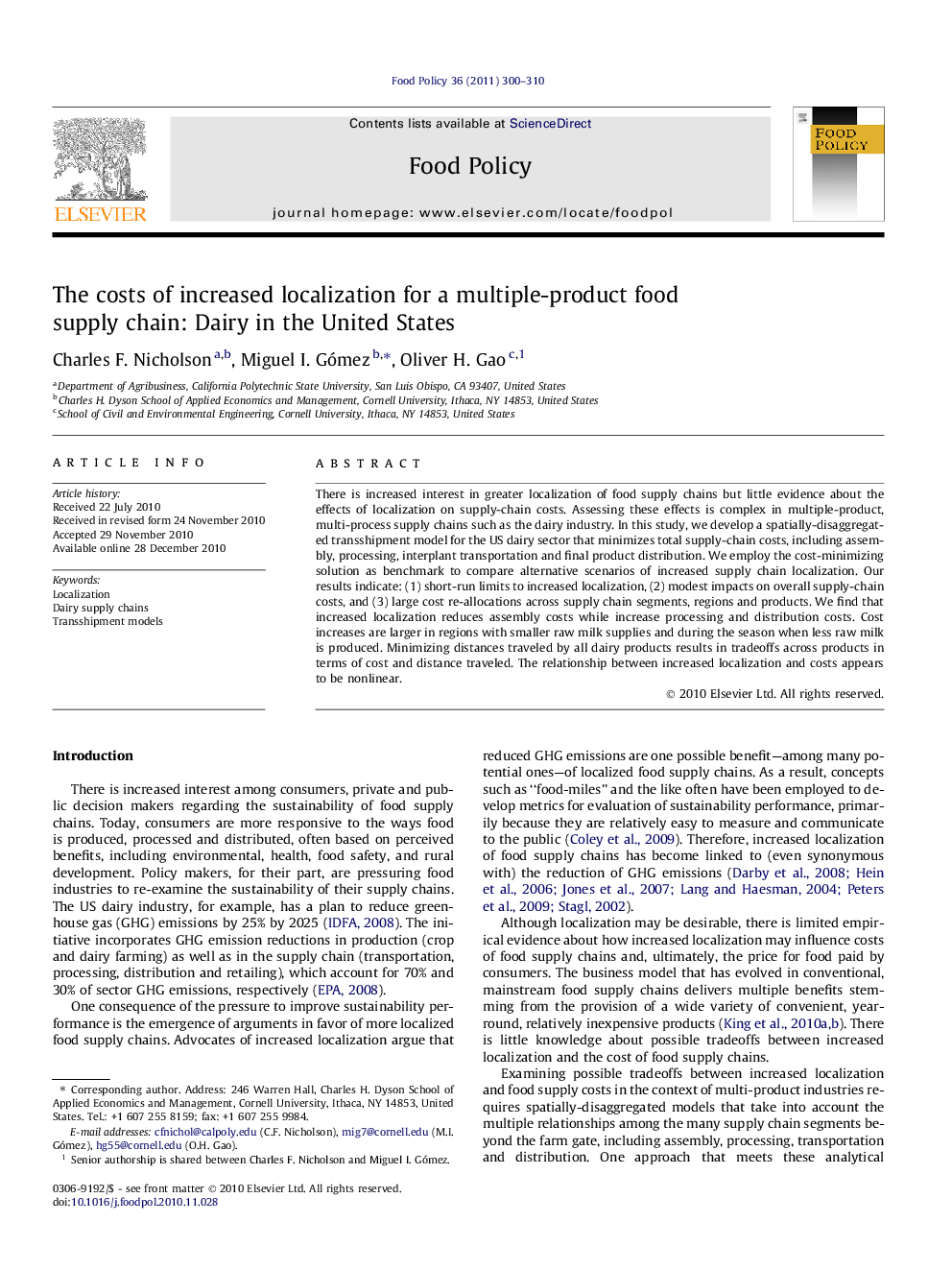The costs of increased localization for a multiple-product food supply chain: Dairy in the United States