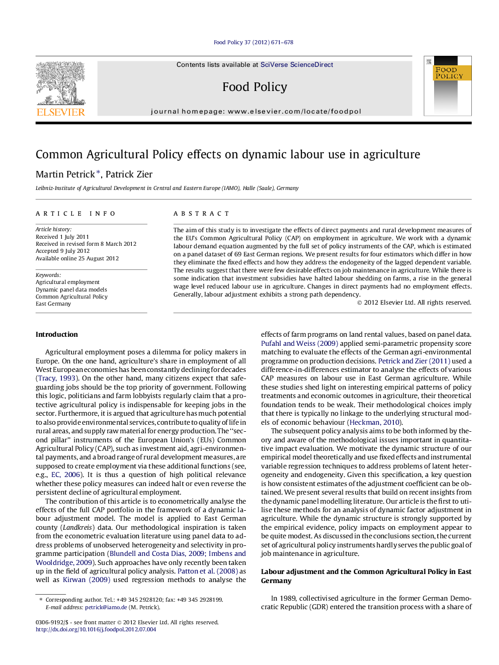 Common Agricultural Policy effects on dynamic labour use in agriculture