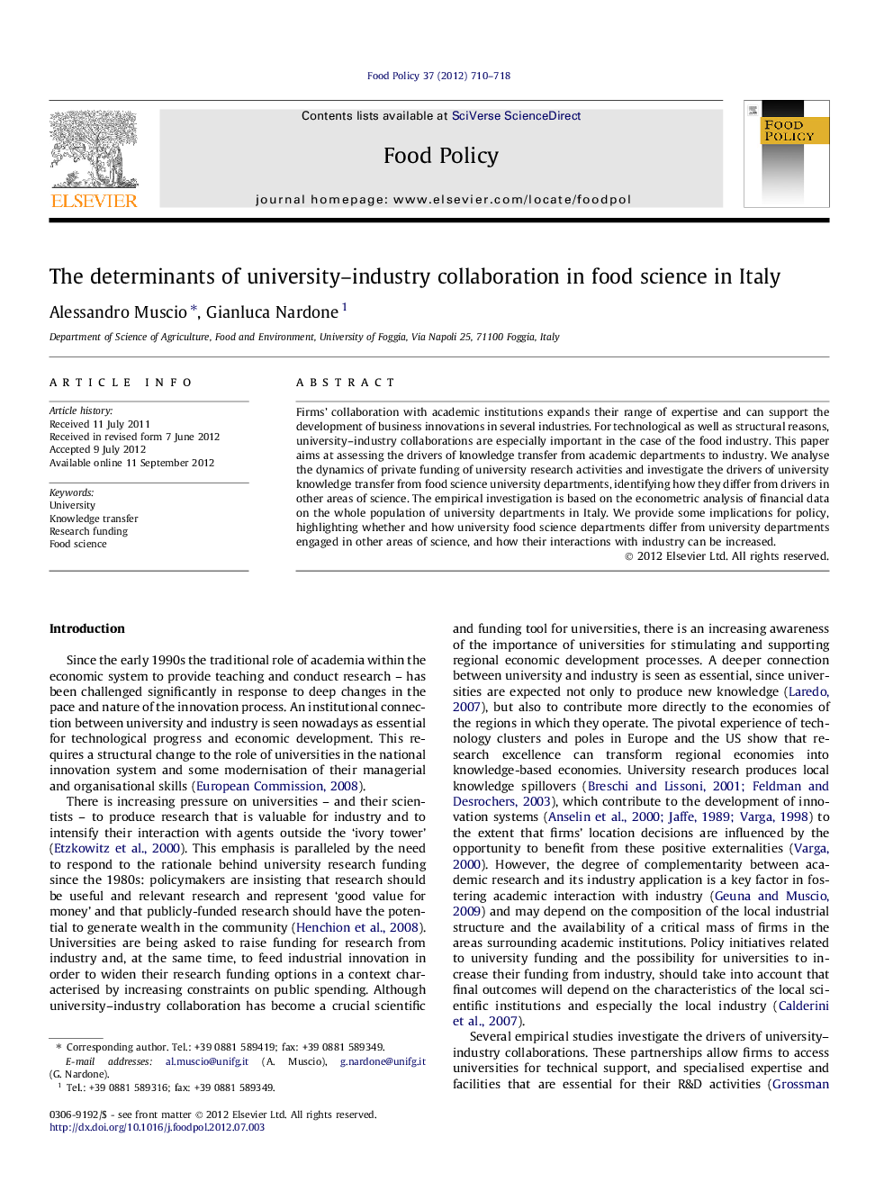 The determinants of university-industry collaboration in food science in Italy