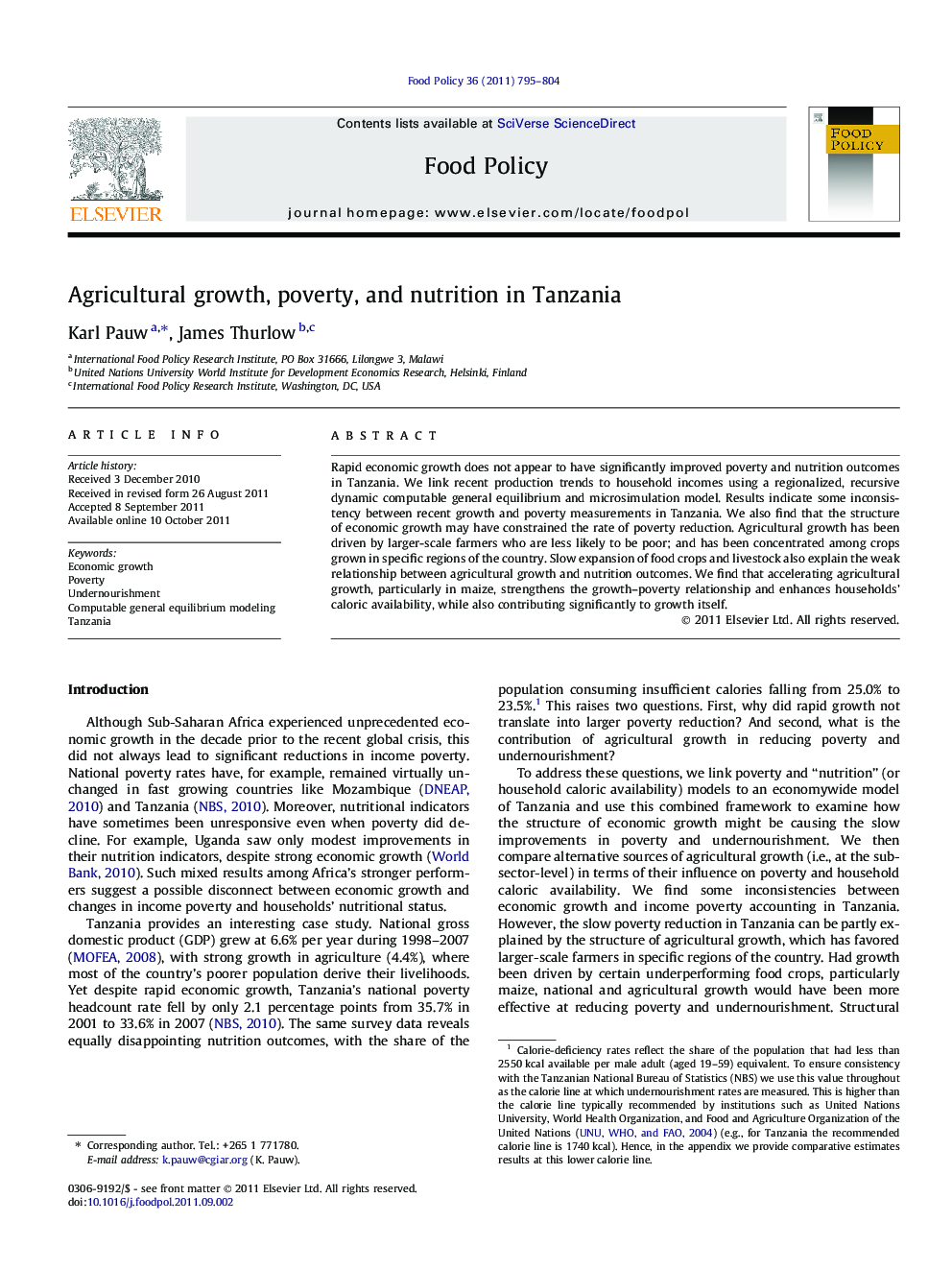 Agricultural growth, poverty, and nutrition in Tanzania