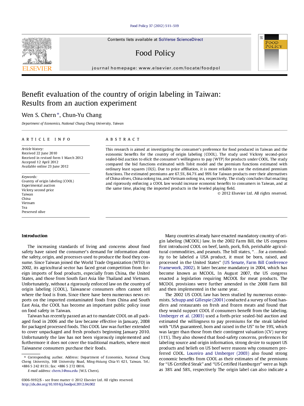 Benefit evaluation of the country of origin labeling in Taiwan: Results from an auction experiment