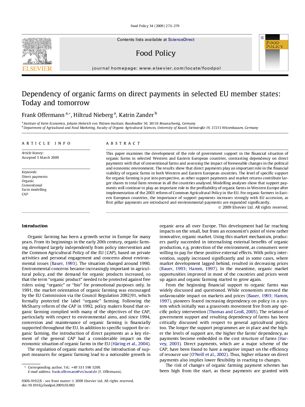 Dependency of organic farms on direct payments in selected EU member states: Today and tomorrow