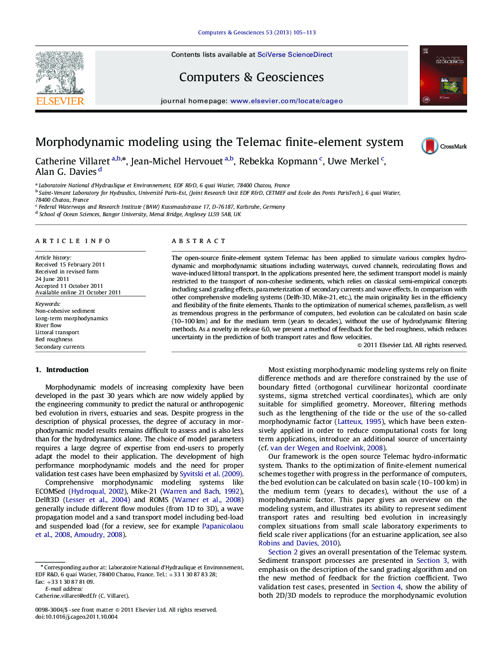 Morphodynamic modeling using the Telemac finite-element system