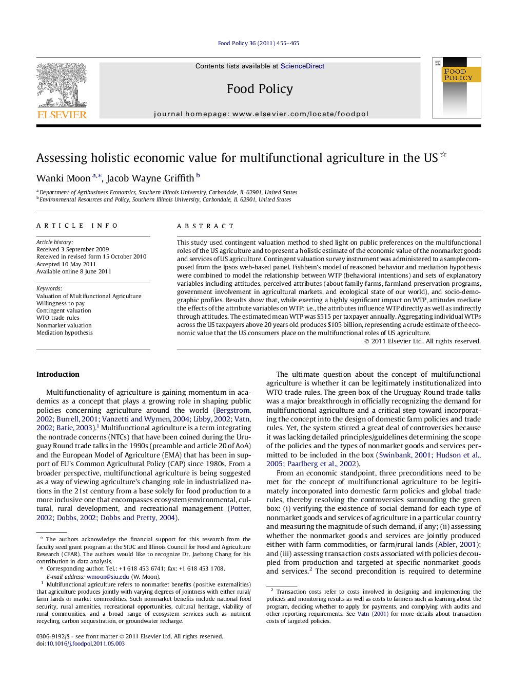 Assessing holistic economic value for multifunctional agriculture in the US