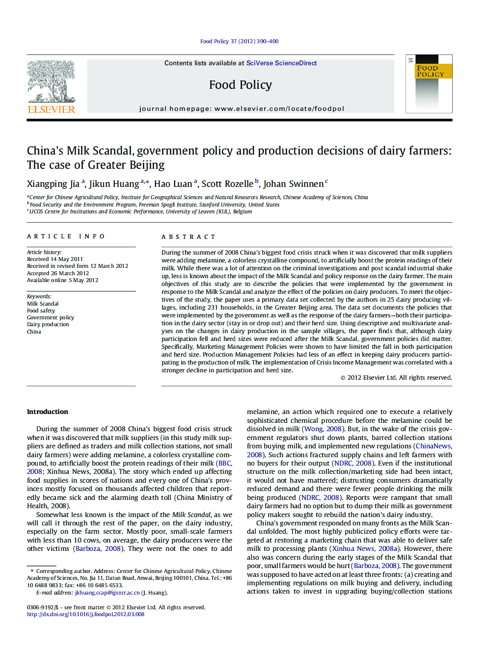 عکس صفحه اول مقاله: China's Milk Scandal, government policy and production decisions of dairy farmers: The case of Greater Beijing China's Milk Scandal, government policy and production decisions of dairy farmers: The case of Greater Beijing