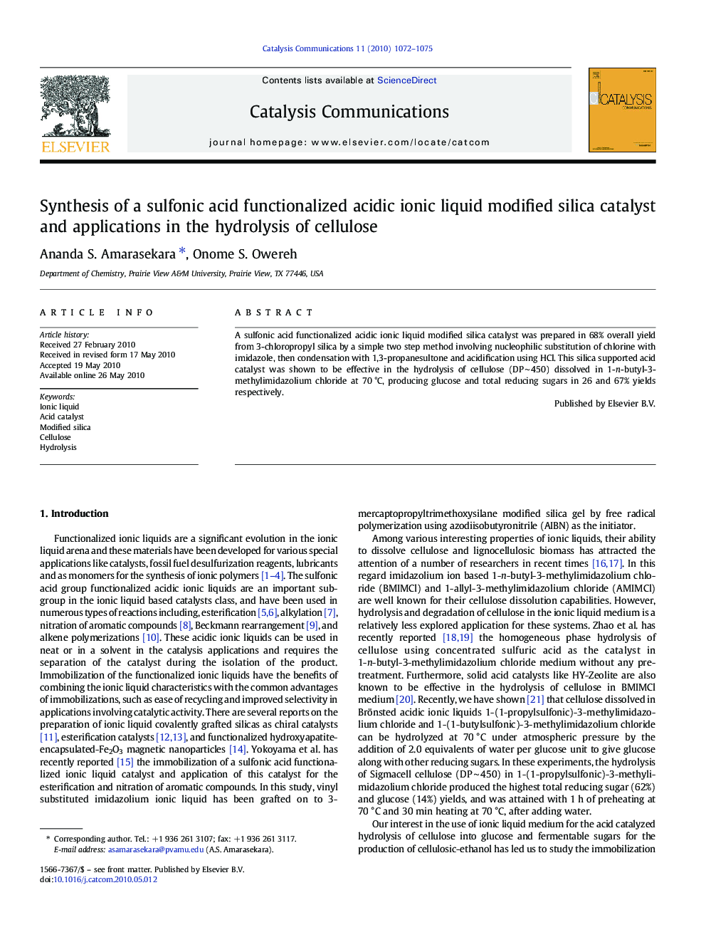 Synthesis of a sulfonic acid functionalized acidic ionic liquid modified silica catalyst and applications in the hydrolysis of cellulose