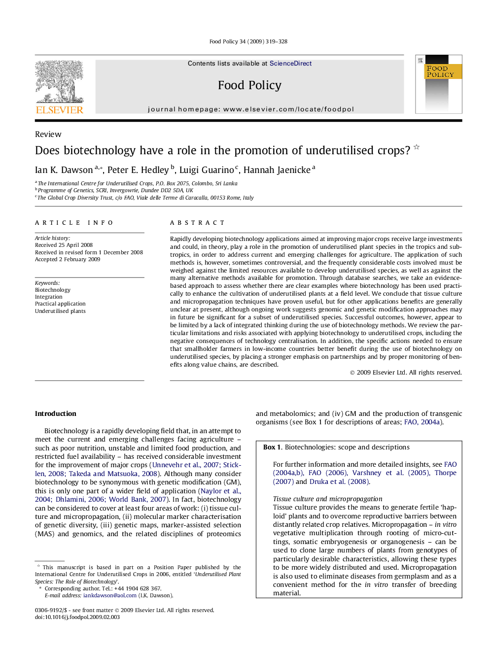 ReviewDoes biotechnology have a role in the promotion of underutilised crops?