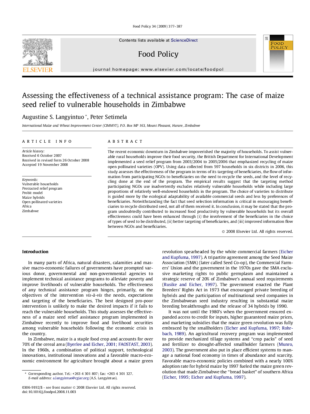 Assessing the effectiveness of a technical assistance program: The case of maize seed relief to vulnerable households in Zimbabwe