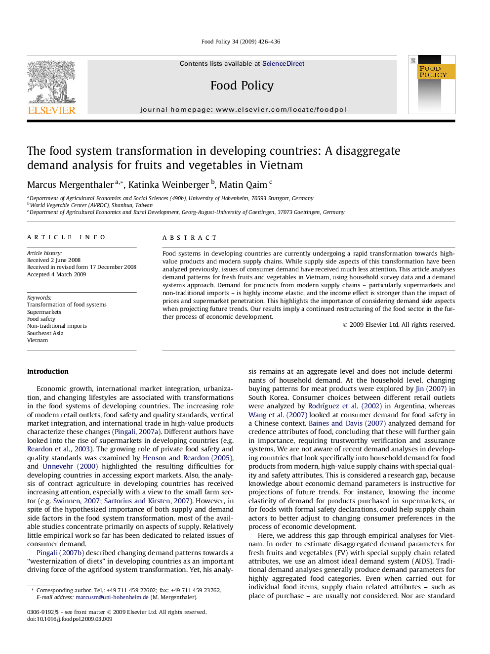 The food system transformation in developing countries: A disaggregate demand analysis for fruits and vegetables in Vietnam