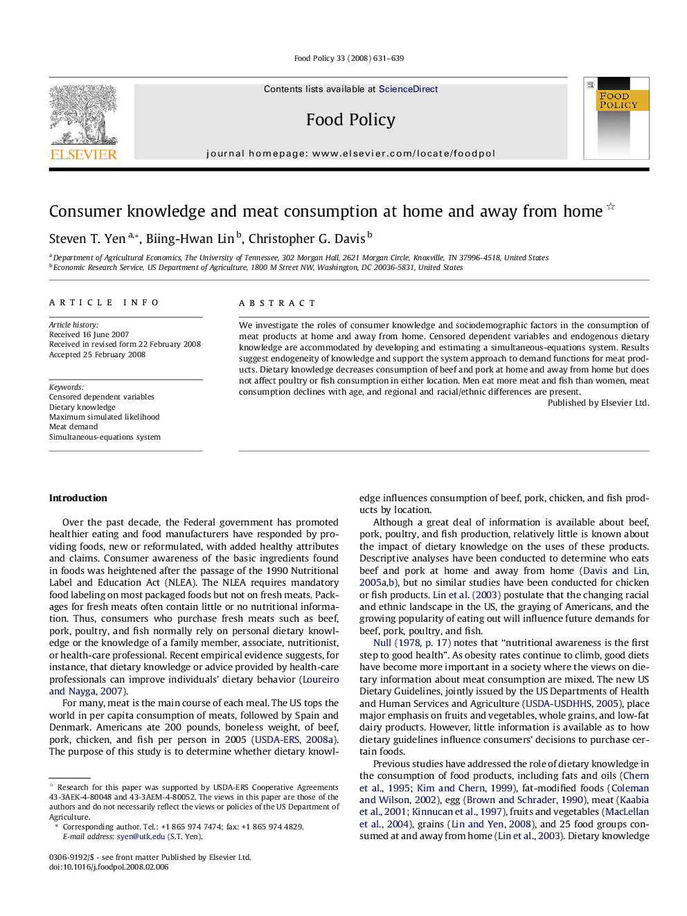 Consumer knowledge and meat consumption at home and away from home