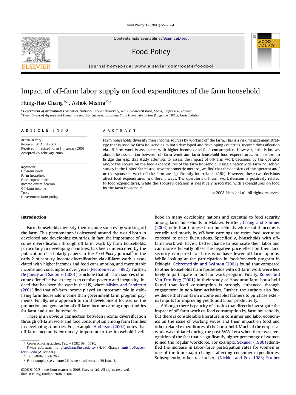 Impact of off-farm labor supply on food expenditures of the farm household