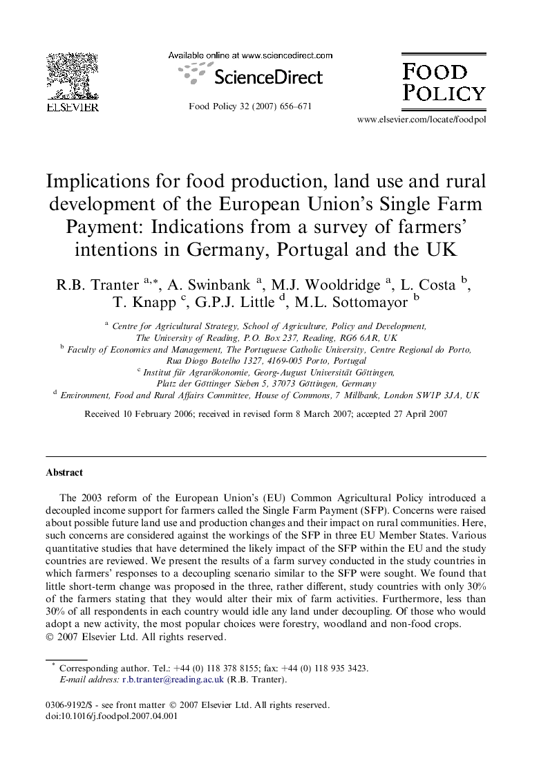 Implications for food production, land use and rural development of the European Union's Single Farm Payment: Indications from a survey of farmers' intentions in Germany, Portugal and the UK