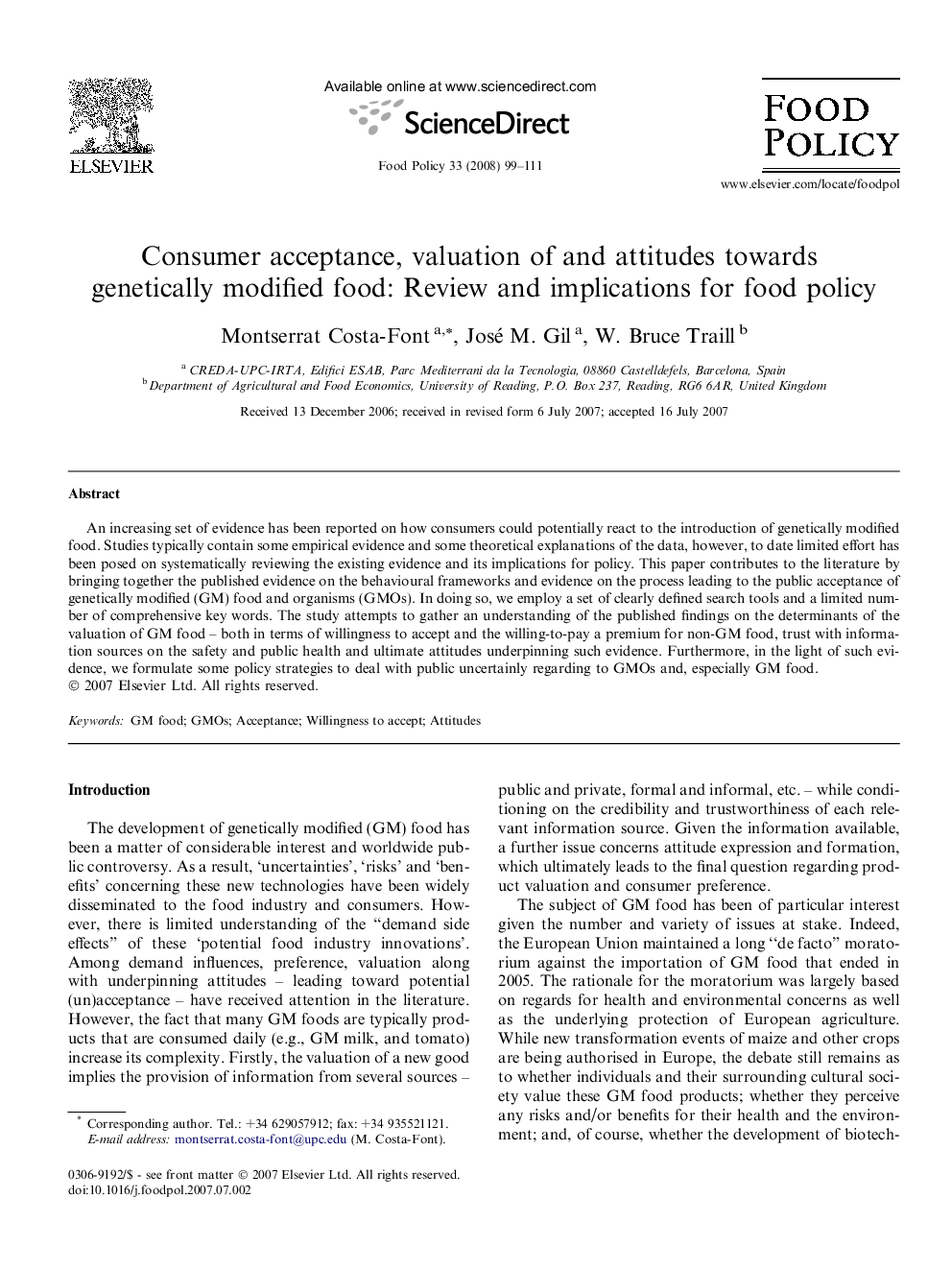 Consumer acceptance, valuation of and attitudes towards genetically modified food: Review and implications for food policy