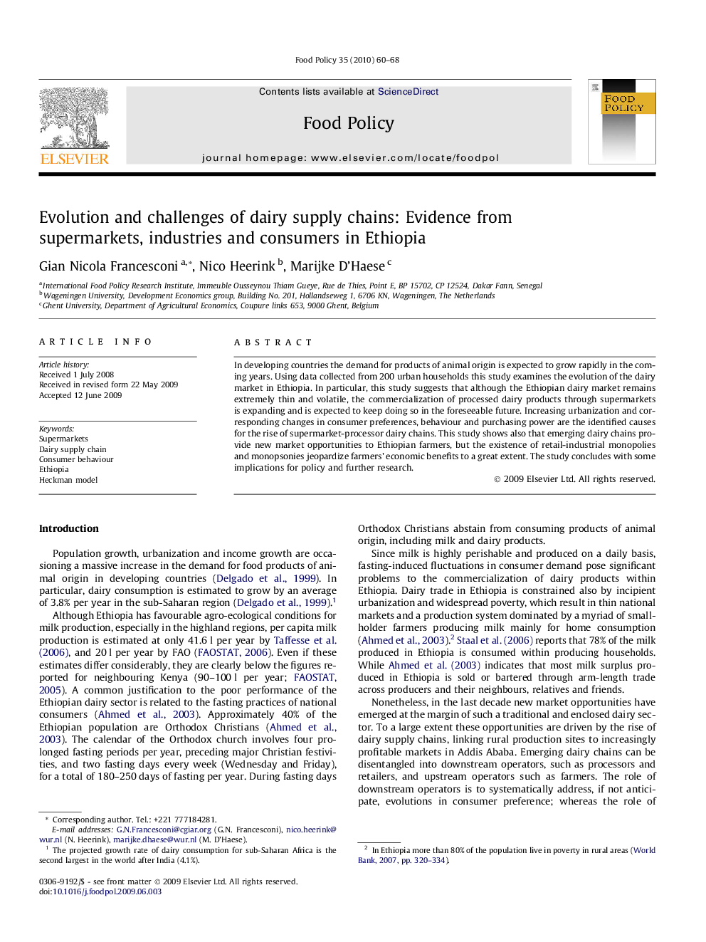 Evolution and challenges of dairy supply chains: Evidence from supermarkets, industries and consumers in Ethiopia