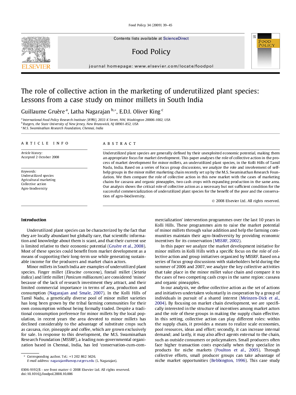 The role of collective action in the marketing of underutilized plant species: Lessons from a case study on minor millets in South India