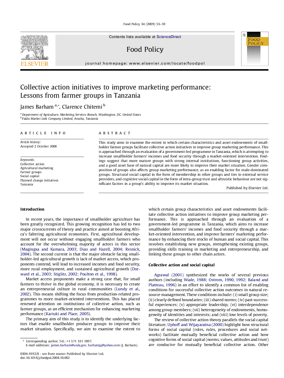 Collective action initiatives to improve marketing performance: Lessons from farmer groups in Tanzania