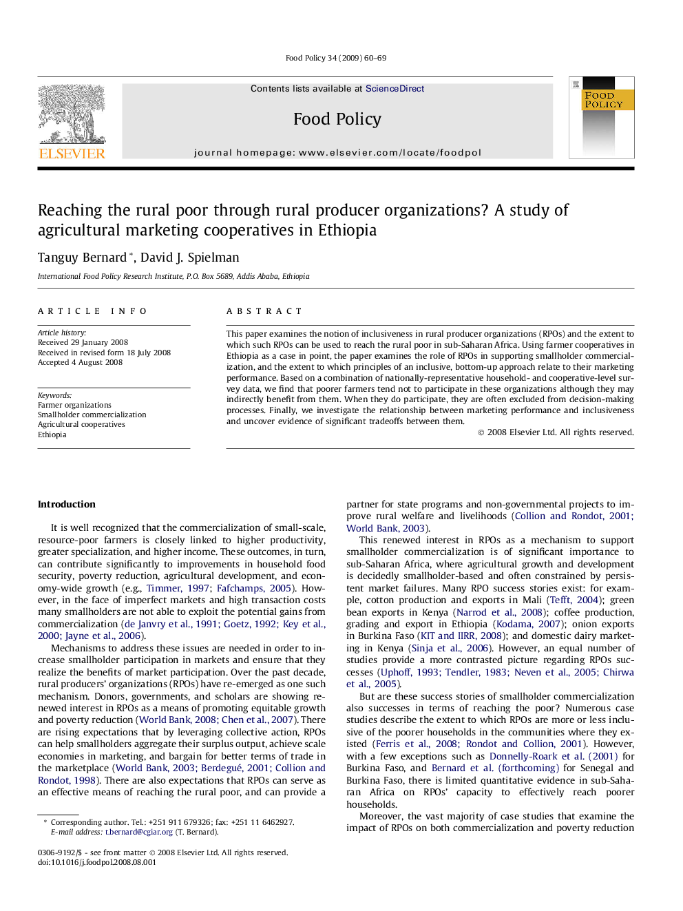 Reaching the rural poor through rural producer organizations? A study of agricultural marketing cooperatives in Ethiopia