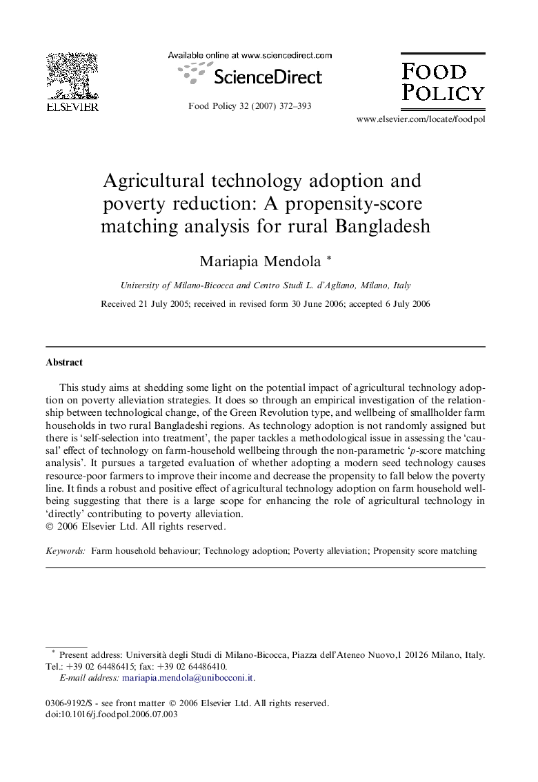 Agricultural technology adoption and poverty reduction: A propensity-score matching analysis for rural Bangladesh
