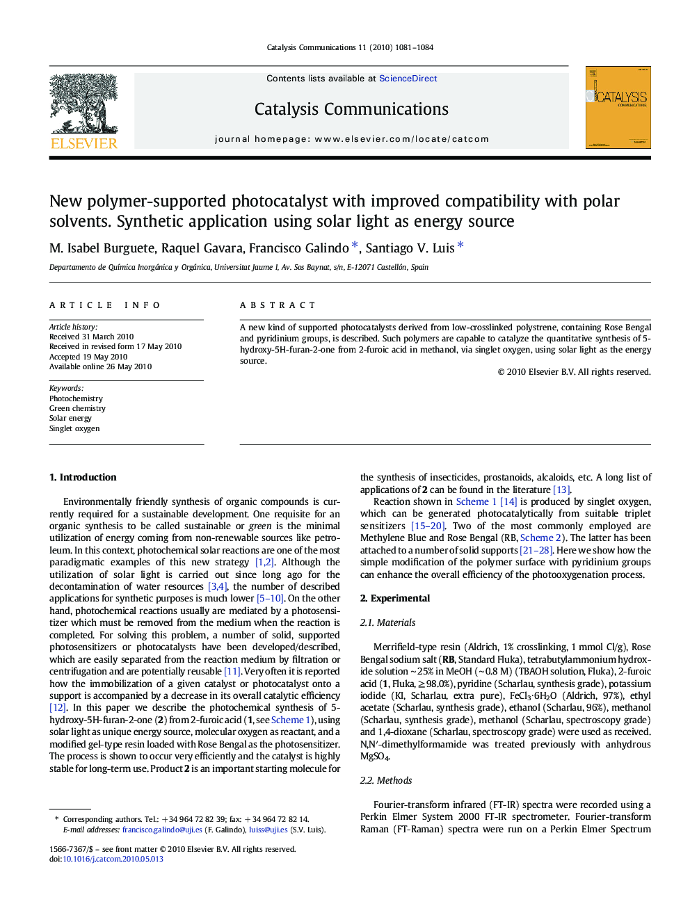 New polymer-supported photocatalyst with improved compatibility with polar solvents. Synthetic application using solar light as energy source