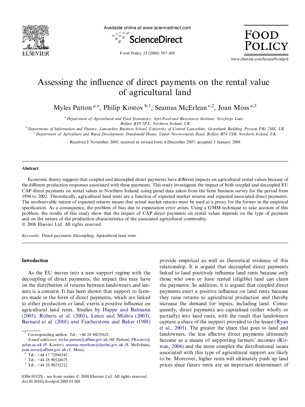 Assessing the influence of direct payments on the rental value of agricultural land