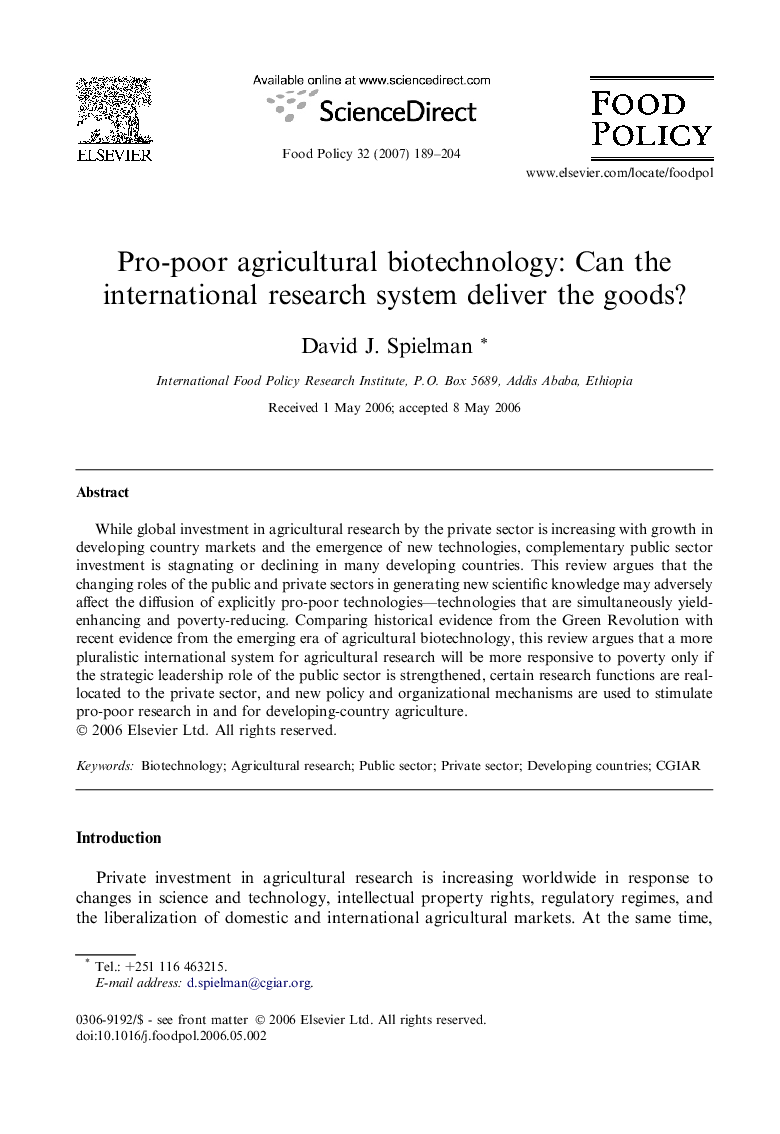 Pro-poor agricultural biotechnology: Can the international research system deliver the goods?