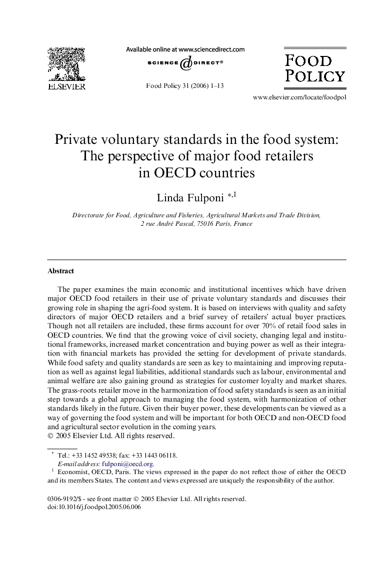 Private voluntary standards in the food system: The perspective of major food retailers in OECD countries