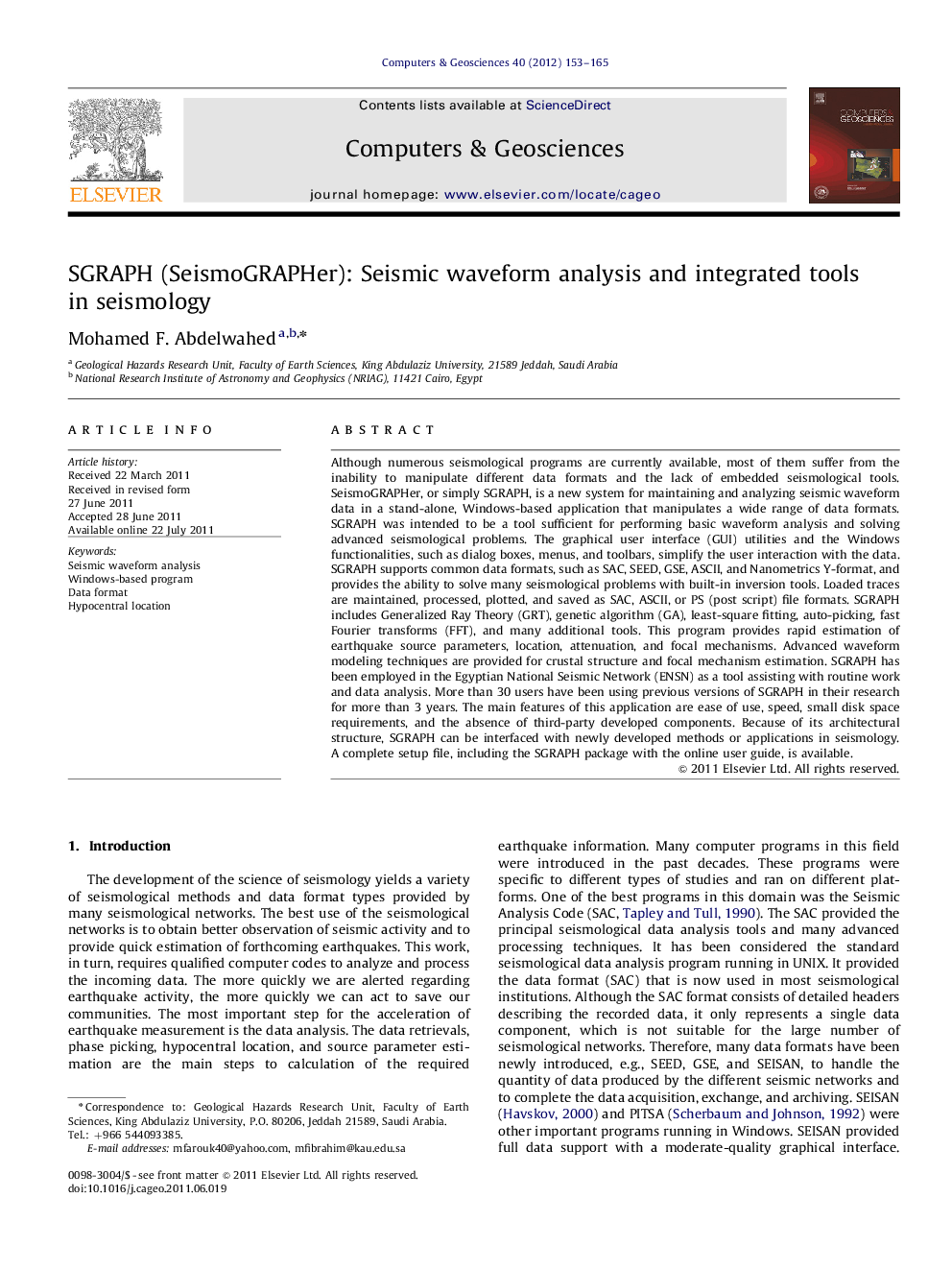 SGRAPH (SeismoGRAPHer): Seismic waveform analysis and integrated tools in seismology