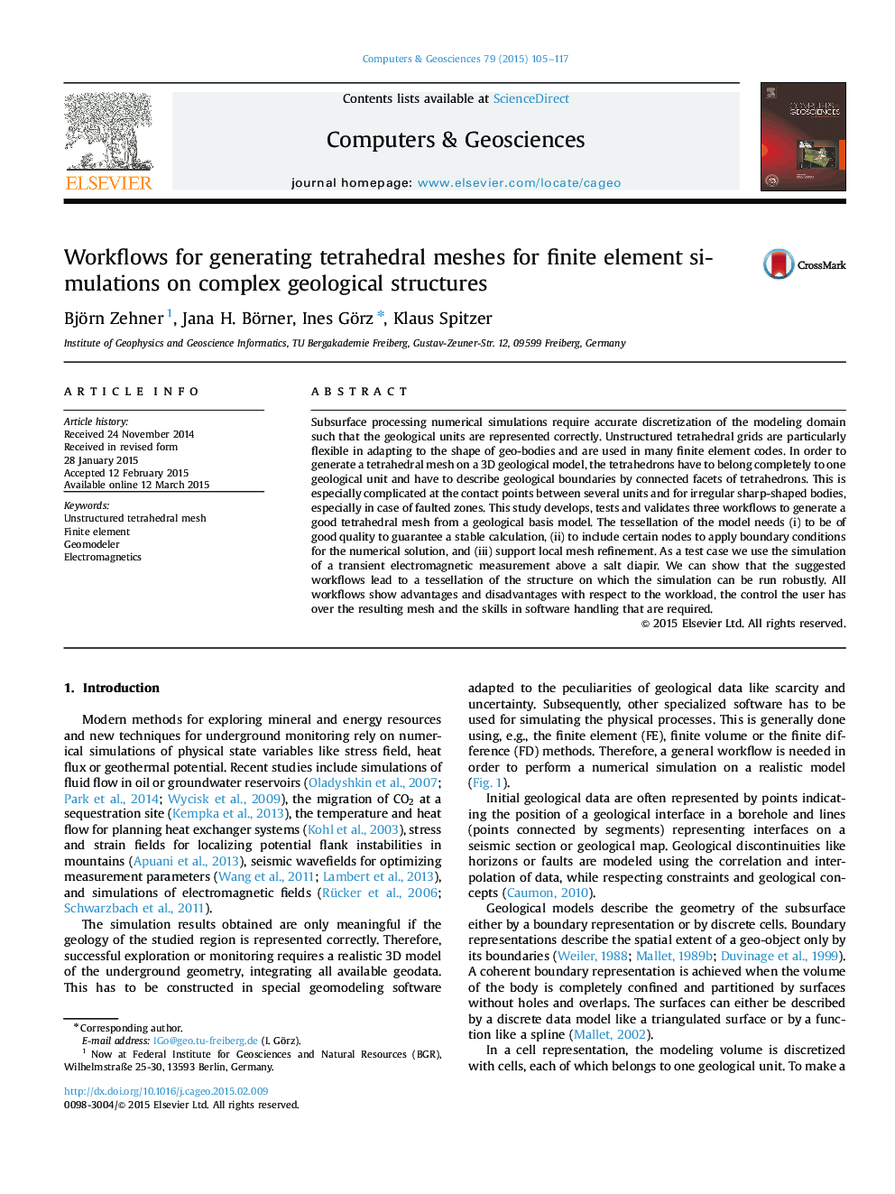 Workflows for generating tetrahedral meshes for finite element simulations on complex geological structures