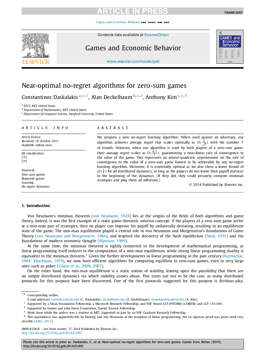 Near-optimal no-regret algorithms for zero-sum games