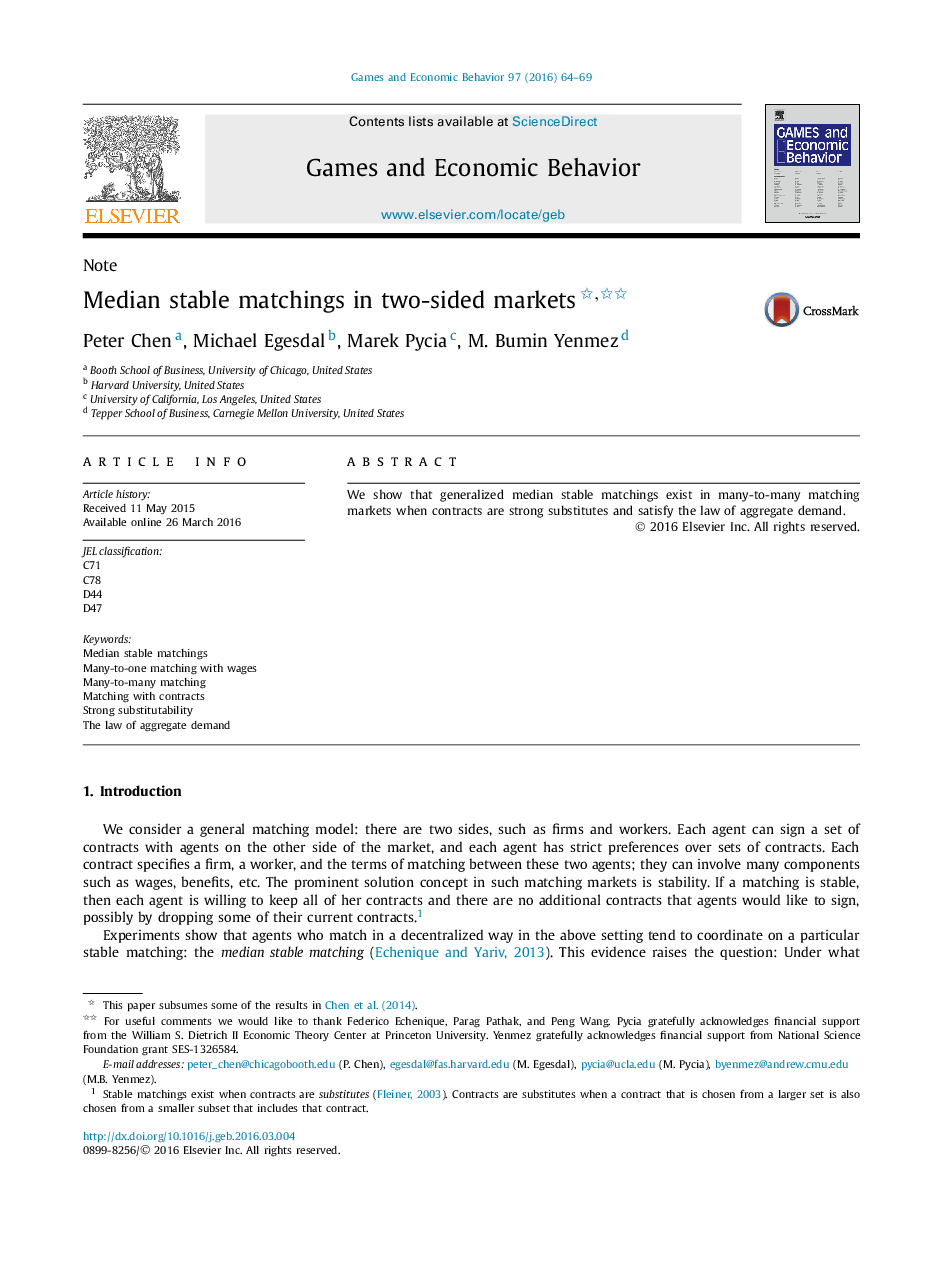 Median stable matchings in two-sided markets