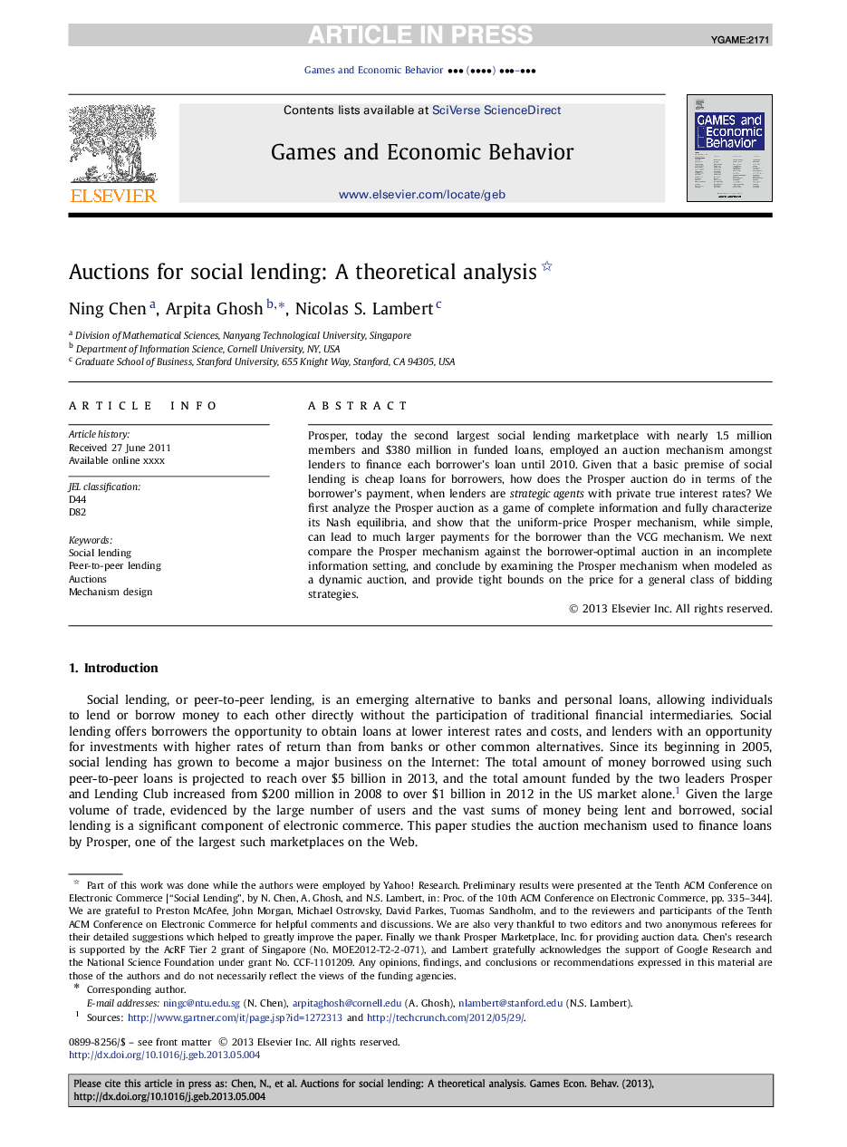 Auctions for social lending: A theoretical analysis