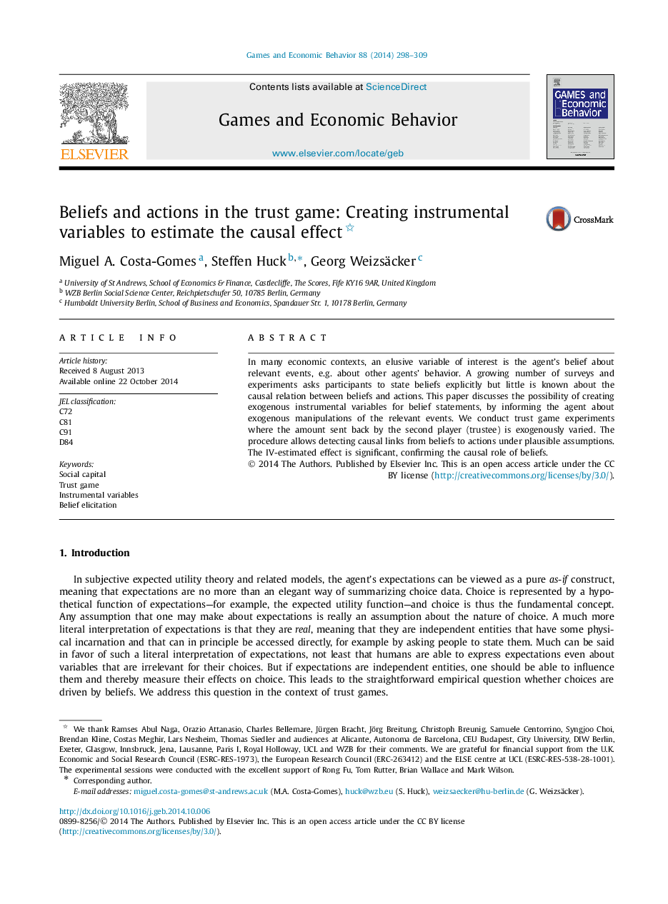 Beliefs and actions in the trust game: Creating instrumental variables to estimate the causal effect