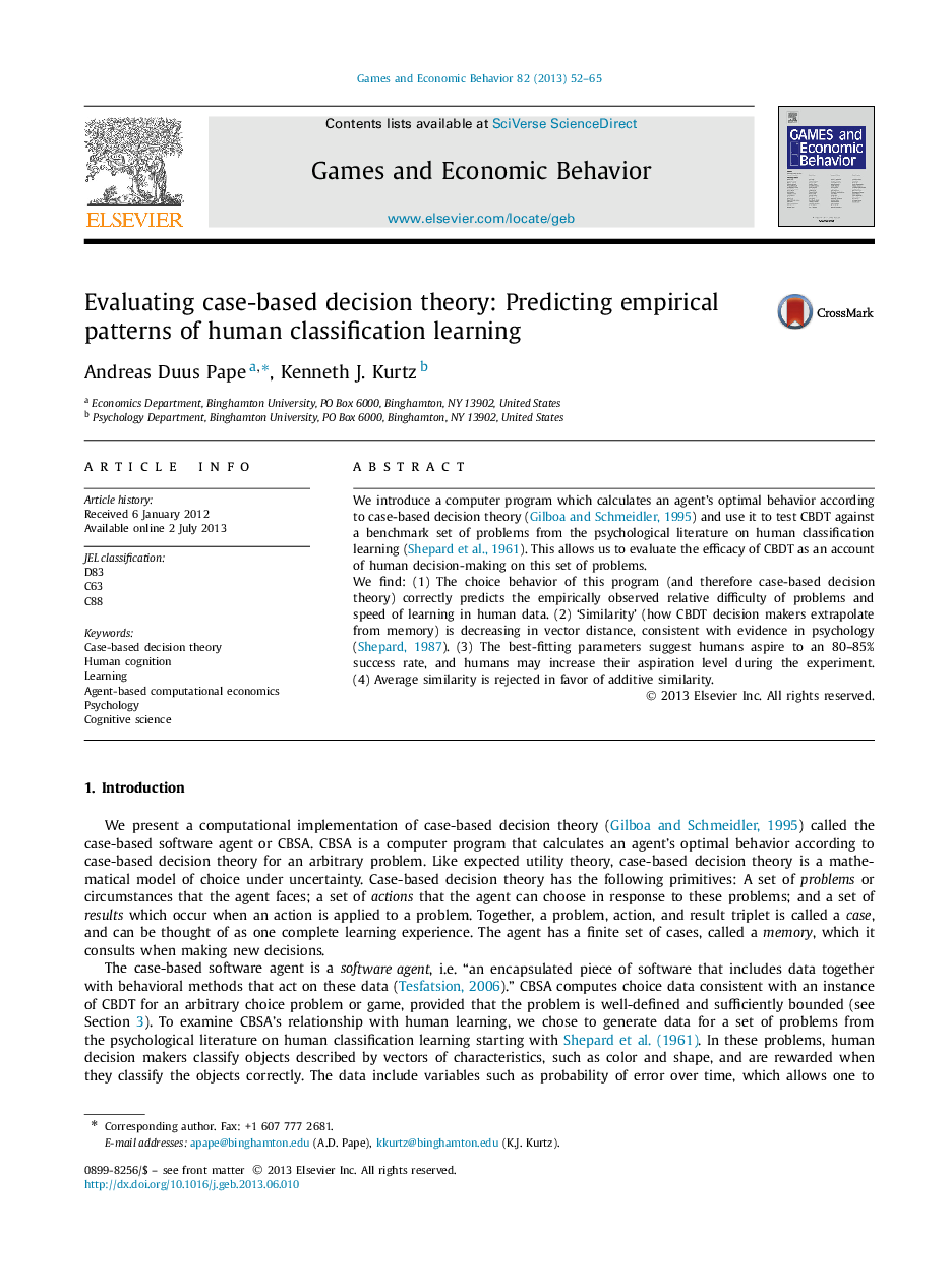 Evaluating case-based decision theory: Predicting empirical patterns of human classification learning