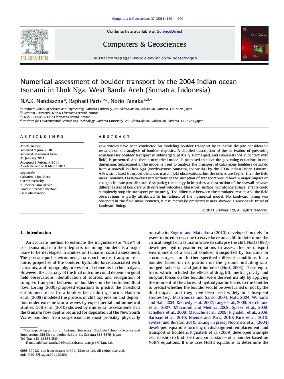 Numerical assessment of boulder transport by the 2004 Indian ocean tsunami in Lhok Nga, West Banda Aceh (Sumatra, Indonesia)