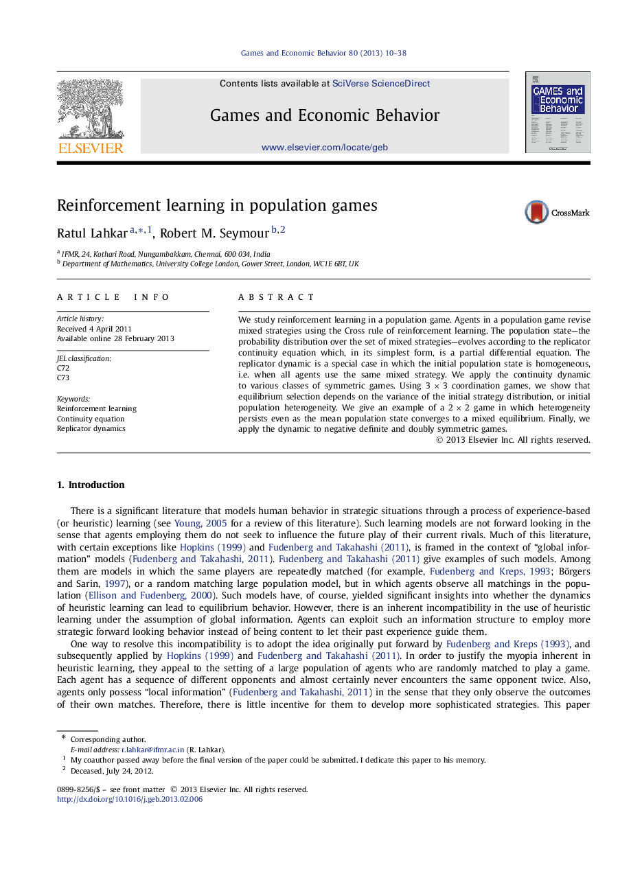 Reinforcement learning in population games