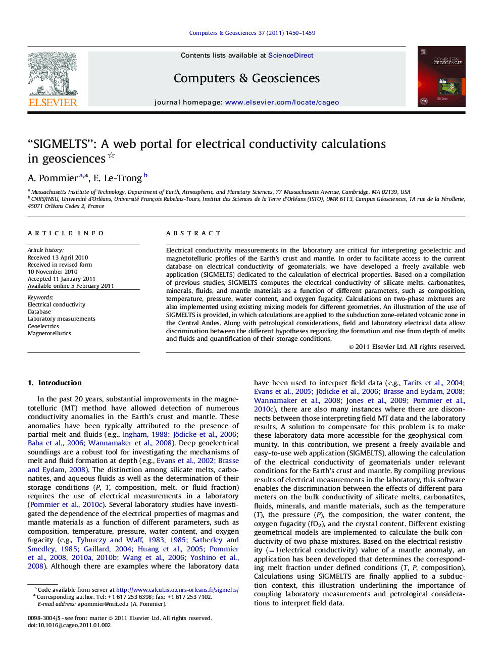 “SIGMELTS”: A web portal for electrical conductivity calculations in geosciences 