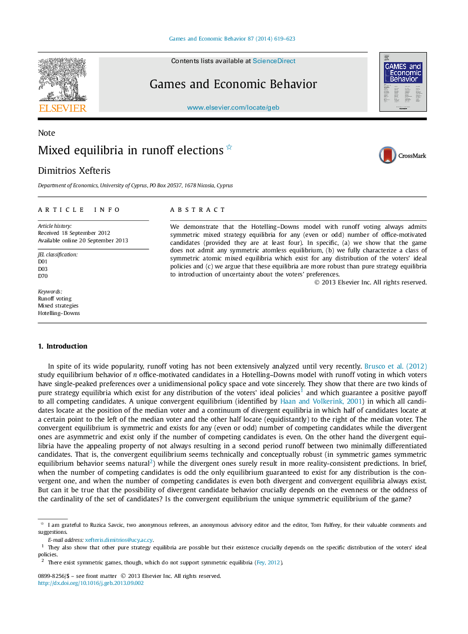 NoteMixed equilibria in runoff elections